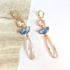 Clear & Blue glass long stone prong set Earrings
